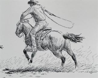 Original James E Bramlett Steer Roper Framed Pen & Ink Sketch Cowboy/Western Art	Frame: 22.5x18.5in	

