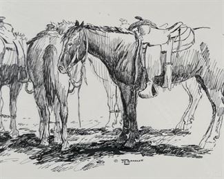 Original James E Bramlett Cow Ponies Framed Pen & Ink Sketch  Cowboy/Western Art	Frame: 22.5x18.5in	
