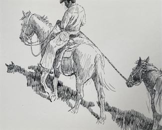 Original James E Bramlett Pack Outfit Framed Pen & Ink Sketch  Cowboy/Western Art	Frame: 22.5x18.5in	
