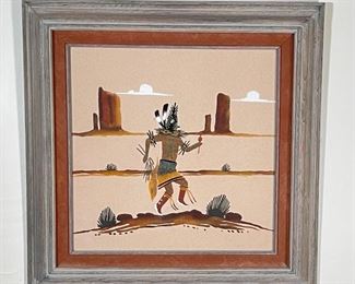 Yeibichai Dancer Navajo Sand Painting L.A. Lillie A. Sloan  Holbrook Native American Sandpainting	Frame: 23x23in	
