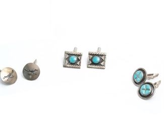 Lot of 3 Vintage Navajo Turquoise and Silver Cufflinks Native American Cuff Links 		
