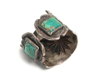 Vintage Navajo Stamped Silver & Turquoise Concho Ring	Size: 5.5	
