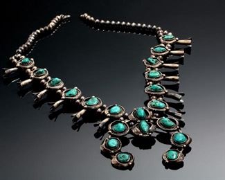 Old Pawn Navajo Squash Blossom Silver & Turquoise Native American Necklace	30in Long<BR>Naja: 4x4in 	
