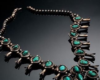 Old Pawn Navajo Squash Blossom Silver & Turquoise Native American Necklace	30in Long<BR>Naja: 4x4in 	
