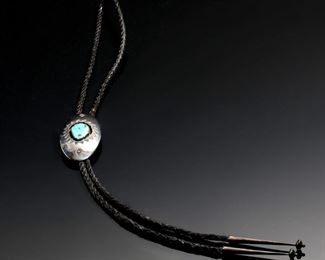 Vintage Navajo Aaron Chischiligi Silver & Turquoise Bolo Tie Native American Dead Pawn	41in Long  Centerpiece: 2.75x1.5in	
