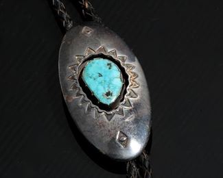 Vintage Navajo Aaron Chischiligi Silver & Turquoise Bolo Tie Native American Dead Pawn	41in Long  Centerpiece: 2.75x1.5in	
