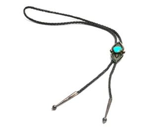 Vintage Navajo Aaron Chischiligi Sandcast Silver & Turquoise Bolo Tie Native American Dead Pawn	37in Long Centerpiece: 2.5x1.25in	
