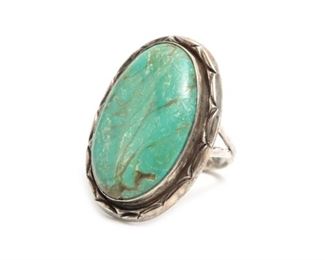 Vintage Navajo Turquoise & Silver Ring Native American 	Size: 6.75 Centerstone: 27x18mm	
