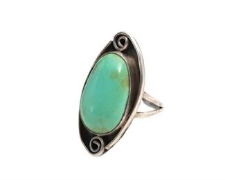 Vintage Silver & Turquoise Cabochon Ring Native American 	Size: 9.5 Centerstone: 23x15mm	
