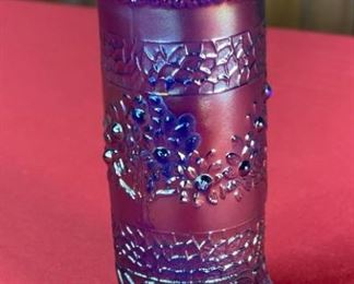 Fenton Blue Carnival Glass Hat Pin Holder Orange Tree Pattern	7in H x 2.5in Diameter	
