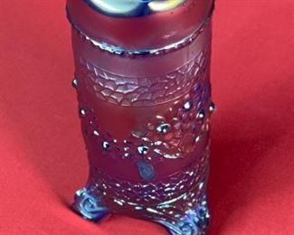 Fenton Blue Carnival Glass Hat Pin Holder Orange Tree Pattern	7in H x 2.5in Diameter	
