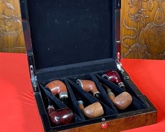 6pc Tobacco Pipe Lot with Burl Wood Case	Case: 2.75x10.75x9.5in	
