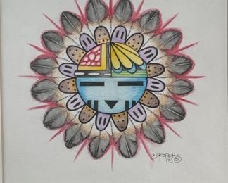 Original Native American Sunface Kachina Art Watercolor	Frame: 16x15in  Image: 8x7in	
