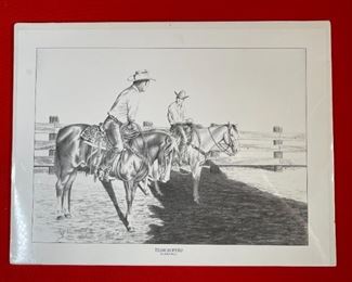 Signed John Hill Team Ropers Print  1978	12.5x16.5in	
