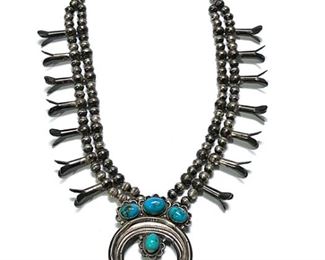 Vintage Navajo Squash Blossom Silver & Turquoise Necklace Native American SIGNED	25in Long Naja: 3.1x2.35in	
