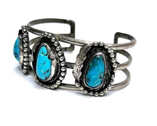 Vintage Navajo Silver & Turquoise Cuff Bracelet 	Size: 6.5in 1.2in W 	
