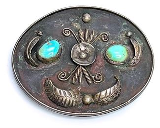 Vintage NAtive American Silver & Turquoise Belt Buckle 	Takes up to 1.5in Belt 2.83x3.33in	
