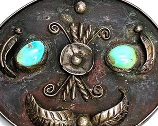 Vintage NAtive American Silver & Turquoise Belt Buckle 	Takes up to 1.5in Belt 2.83x3.33in	
