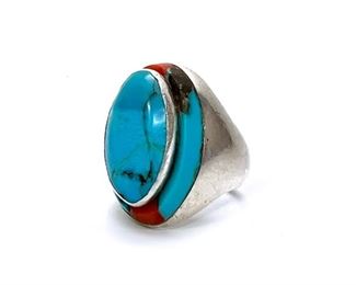 Vintage Navajo Silver, Turquoise, & Coral Ring Native American 	Size: 10.5 Centerpiece: 1.15x7.55in	
