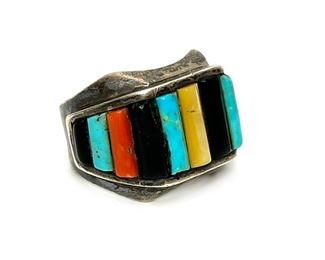 Vintage Native American Multi Gemstone Ring Loloma Style	Size: 11.75 Centerpiece: 0.65x1.2in	
