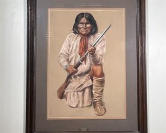 Original Art Geronimo Ris Riker Pastel on Velour Painting Native American Frame: 47.25x37.25in