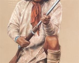 Original Art Geronimo Ris Riker Pastel on Velour Painting Native American Frame: 47.25x37.25in
