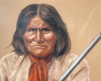 Original Art Geronimo Ris Riker Pastel on Velour Painting Native American Frame: 47.25x37.25in