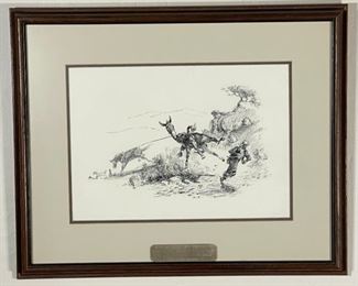 Original James E Bramlett Hoss Hit The End Framed Pen & Ink Sketch Cowboy/Western Art Frame: 18.5x22.5in