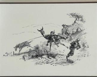 Original James E Bramlett Hoss Hit The End Framed Pen & Ink Sketch Cowboy/Western Art Frame: 18.5x22.5in