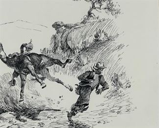 Original James E Bramlett Hoss Hit The End Framed Pen & Ink Sketch Cowboy/Western Art Frame: 18.5x22.5in