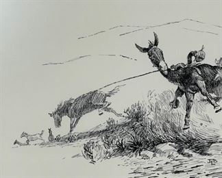 Original James E Bramlett Hoss Hit The End Framed Pen & Ink Sketch Cowboy/Western Art Frame: 18.5x22.5in