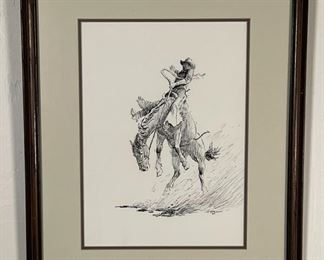 Original James E Bramlett Bronco Rider Framed Pen & Ink Sketch Cowboy/Western Art Frame: 22.5x18.5in