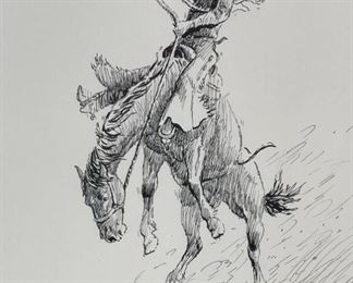 Original James E Bramlett Bronco Rider Framed Pen & Ink Sketch Cowboy/Western Art Frame: 22.5x18.5in