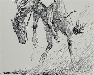 Original James E Bramlett Bronco Rider Framed Pen & Ink Sketch Cowboy/Western Art Frame: 22.5x18.5in