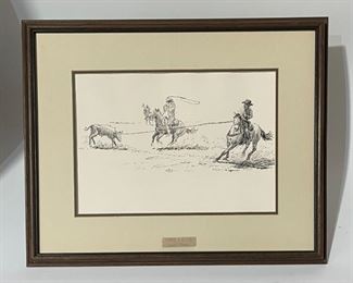 AS-IS Original James E Bramlett Headin’ & Healin’ Framed Pen & Ink Sketch Cowboy/Western Art Frame: 22.5x18.5in