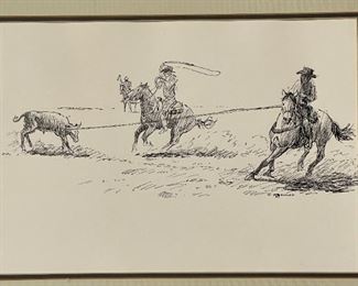 AS-IS Original James E Bramlett Headin’ & Healin’ Framed Pen & Ink Sketch Cowboy/Western Art Frame: 22.5x18.5in