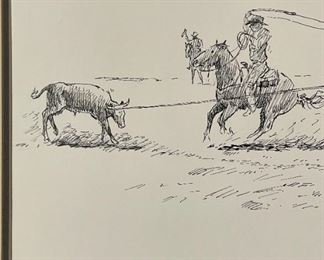 AS-IS Original James E Bramlett Headin’ & Healin’ Framed Pen & Ink Sketch Cowboy/Western Art Frame: 22.5x18.5in