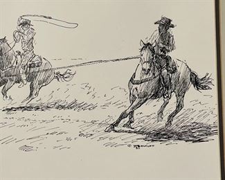 AS-IS Original James E Bramlett Headin’ & Healin’ Framed Pen & Ink Sketch Cowboy/Western Art Frame: 22.5x18.5in