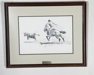 Original James E Bramlett Steer Roper Framed Pen & Ink Sketch Cowboy/Western Art Frame: 22.5x18.5in