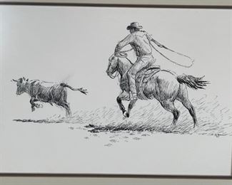 Original James E Bramlett Steer Roper Framed Pen & Ink Sketch Cowboy/Western Art Frame: 22.5x18.5in