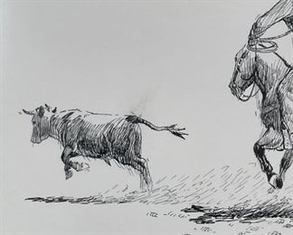 Original James E Bramlett Steer Roper Framed Pen & Ink Sketch Cowboy/Western Art Frame: 22.5x18.5in