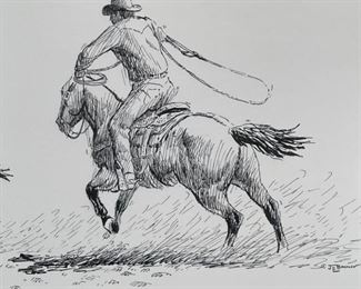 Original James E Bramlett Steer Roper Framed Pen & Ink Sketch Cowboy/Western Art Frame: 22.5x18.5in