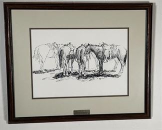 Original James E Bramlett Cow Ponies Framed Pen & Ink Sketch Cowboy/Western Art Frame: 22.5x18.5in