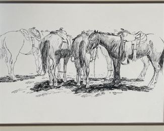 Original James E Bramlett Cow Ponies Framed Pen & Ink Sketch Cowboy/Western Art Frame: 22.5x18.5in