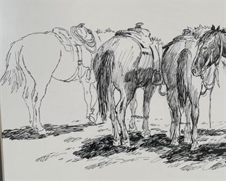 Original James E Bramlett Cow Ponies Framed Pen & Ink Sketch Cowboy/Western Art Frame: 22.5x18.5in