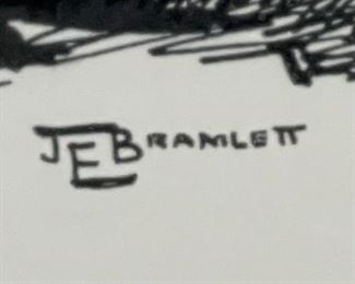 Original James E Bramlett Cow Ponies Framed Pen & Ink Sketch Cowboy/Western Art Frame: 22.5x18.5in