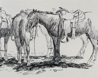 Original James E Bramlett Cow Ponies Framed Pen & Ink Sketch Cowboy/Western Art Frame: 22.5x18.5in