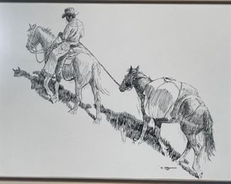 Original James E Bramlett Pack Outfit Framed Pen & Ink Sketch Cowboy/Western Art Frame: 22.5x18.5in