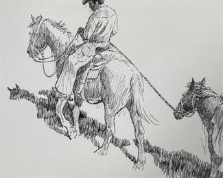 Original James E Bramlett Pack Outfit Framed Pen & Ink Sketch Cowboy/Western Art Frame: 22.5x18.5in