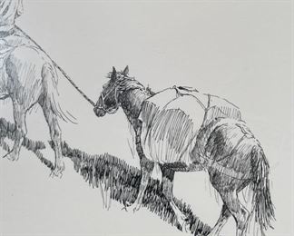 Original James E Bramlett Pack Outfit Framed Pen & Ink Sketch Cowboy/Western Art Frame: 22.5x18.5in